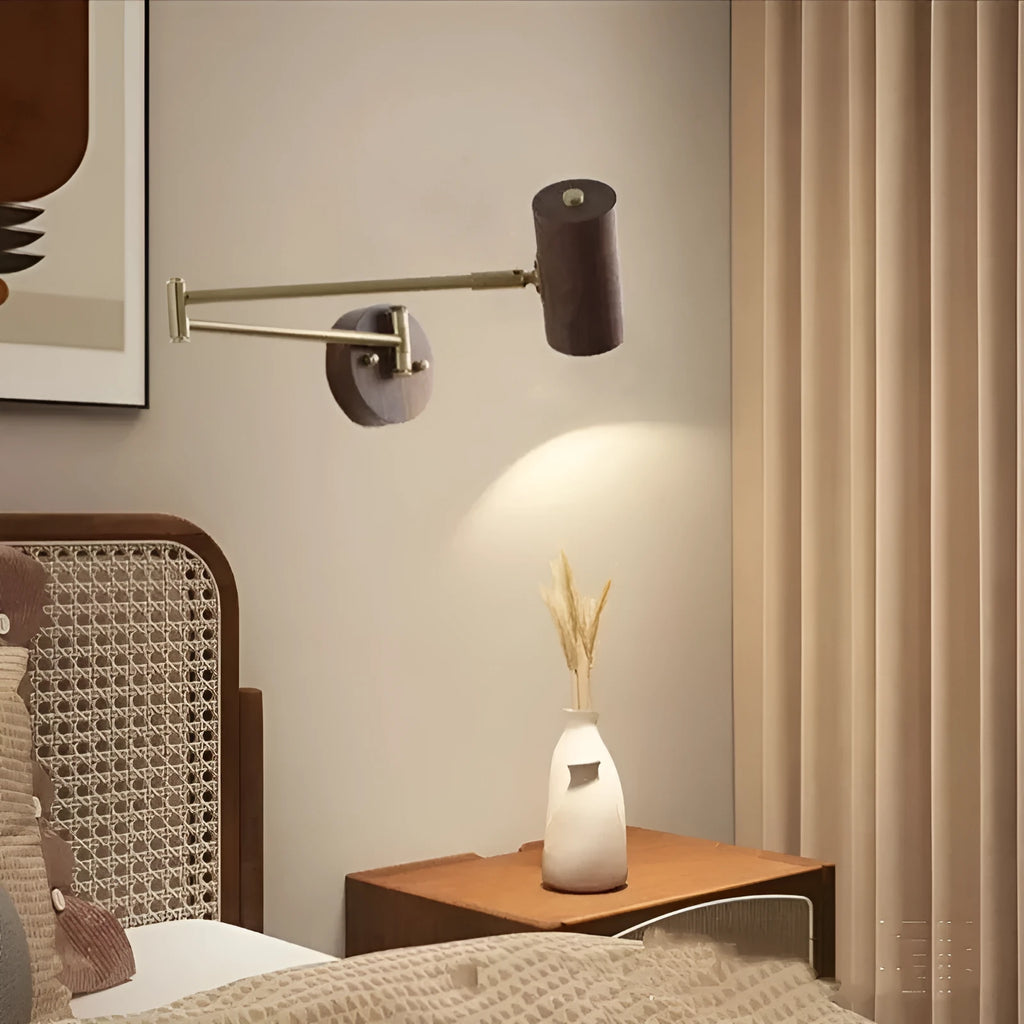 Retro wooden finish wall lamp with long rotating arm and integrated switch.