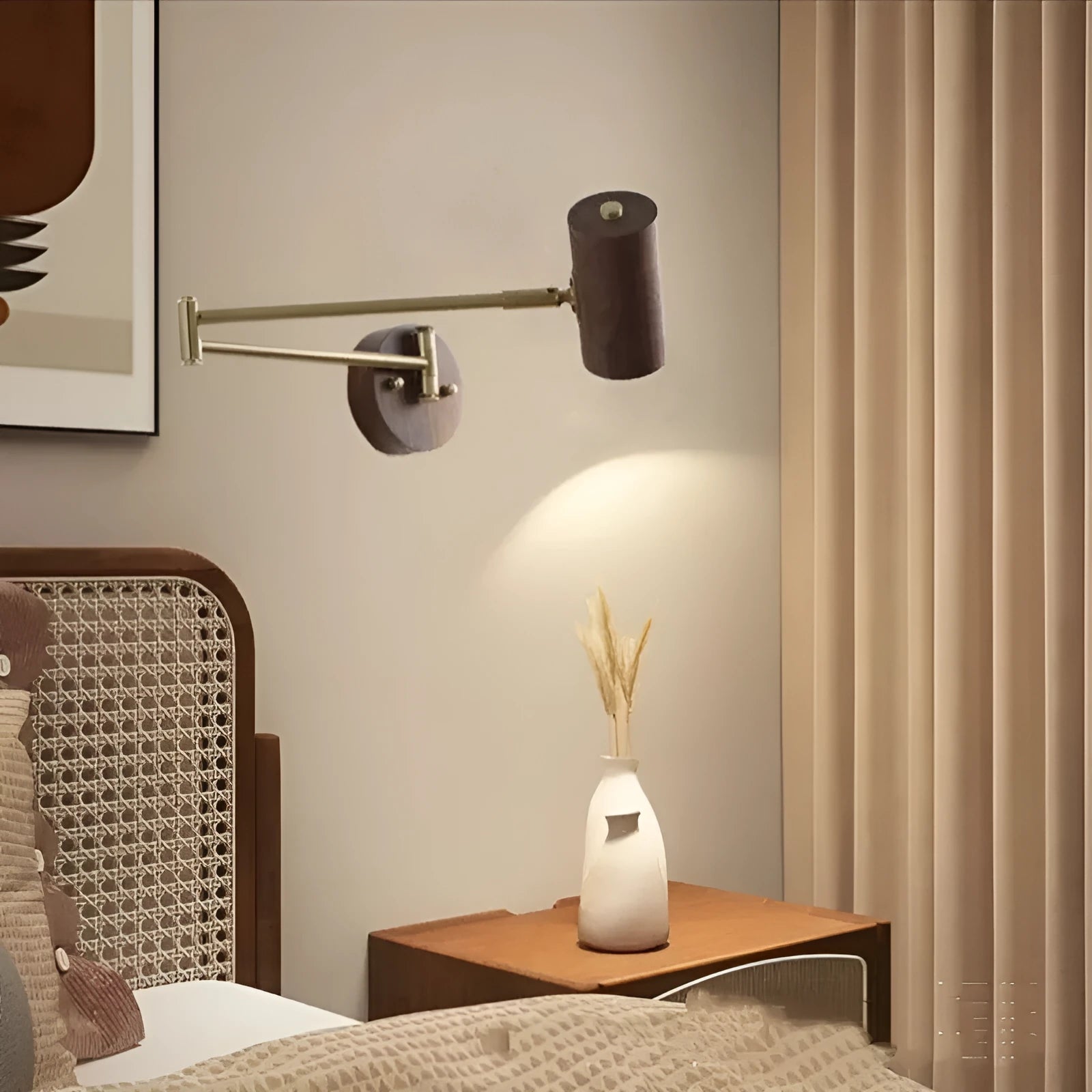 Retro wooden finish wall lamp with long rotating arm and integrated switch.