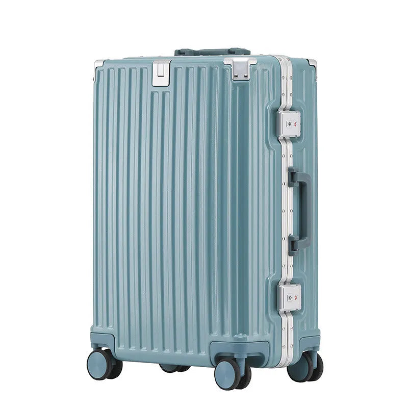 Hard shell aluminium frame luggage in avocado green with USB port and universal wheels.