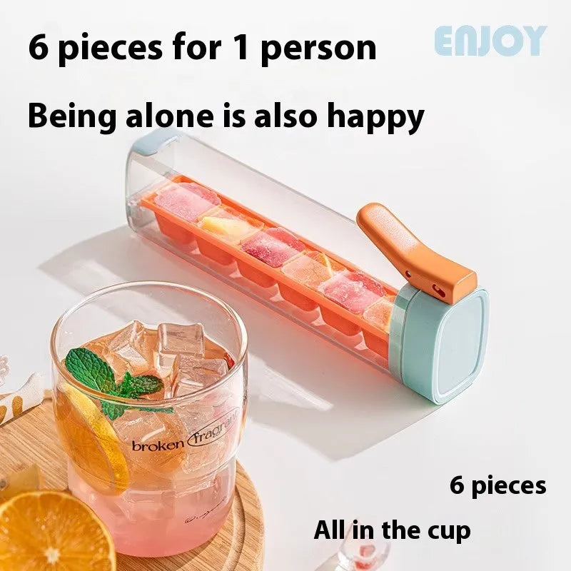 Ice cube mold with storage box showing one-touch release mechanism and food-grade PET construction