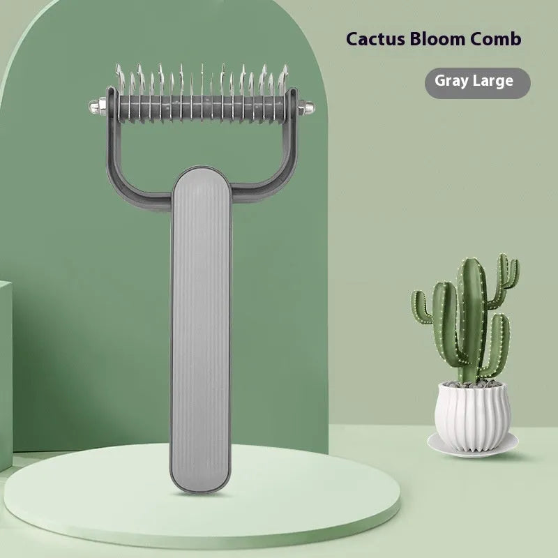 Green and grey dog detangling combs showing small and large size options with stainless steel pins on a PP handle.