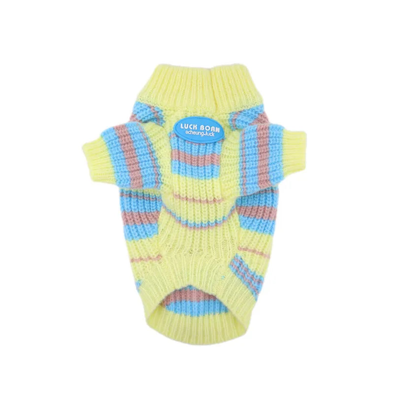 Blue and yellow striped wool dog sweater for small breeds showing size options from XS to XXL