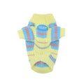 Blue and yellow striped wool dog sweater for small breeds showing size options from XS to XXL