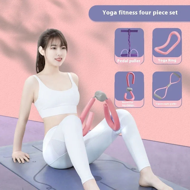 Yoga four piece fitness set showing leg stretcher, yoga ring, pedal device, and resistance ropes.