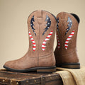 Men's thick-heel leather patchwork boots in black, brown, gray, and khaki, slip-on style with block heel