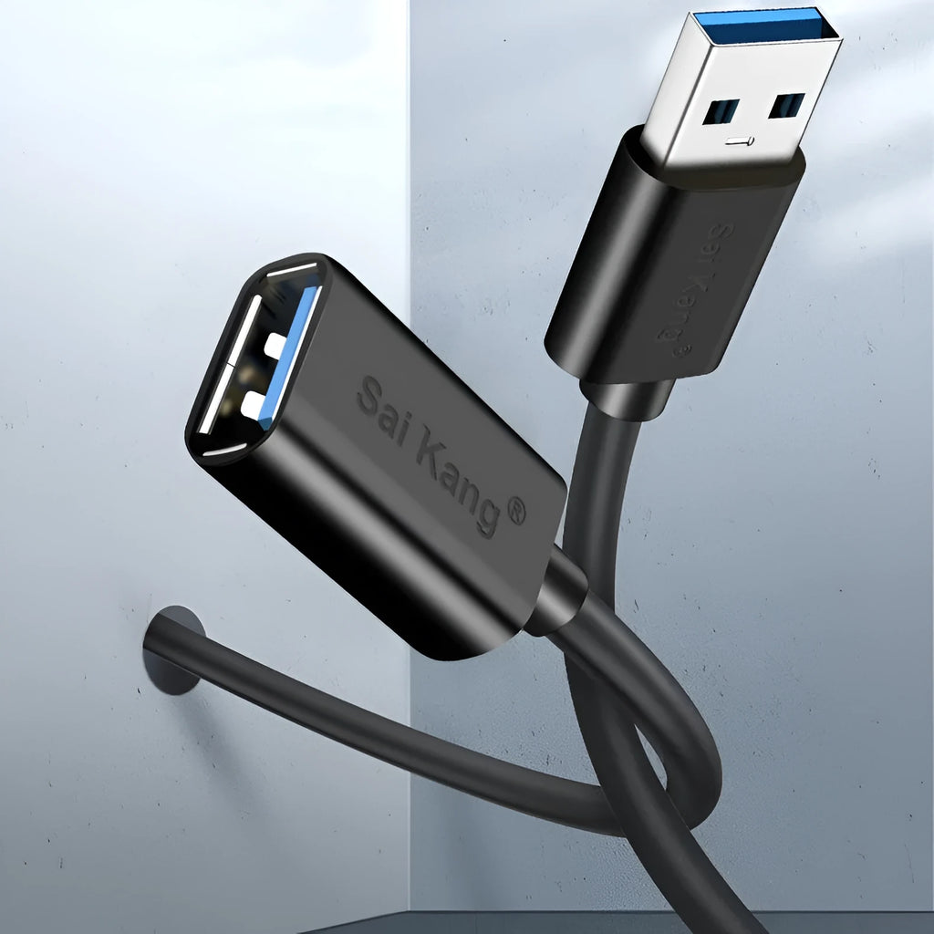 Black USB 3.0 and USB 2.0 male to female extension cable showing connector details.