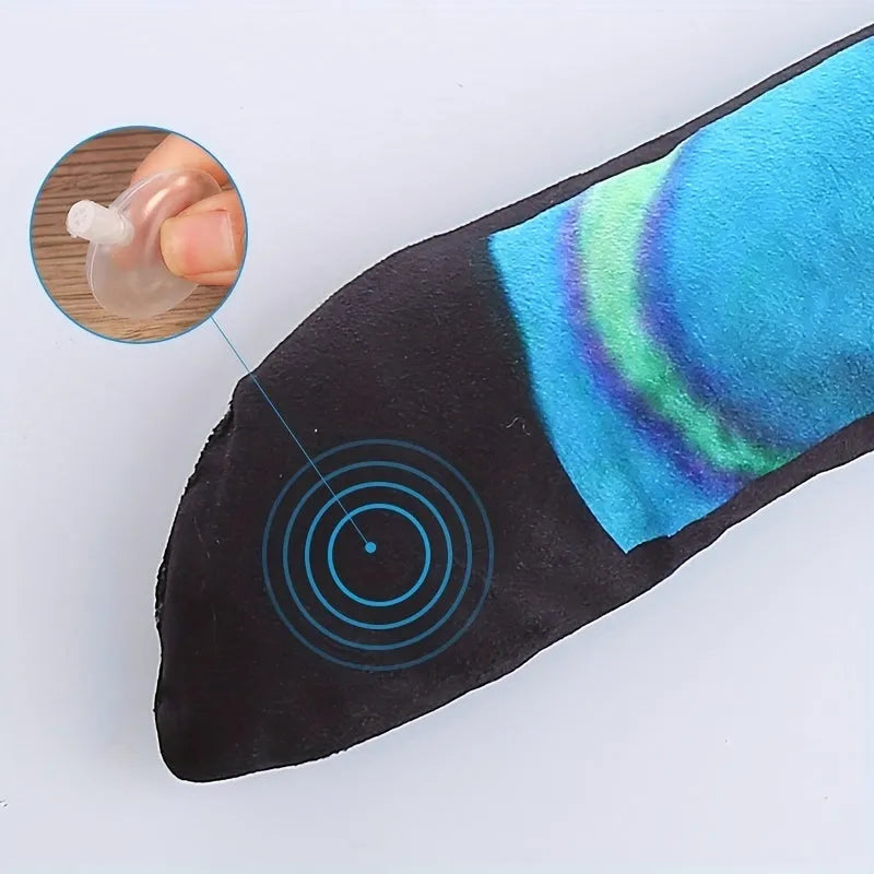 Blue and green plush snake dog squeaky toy with multicolour stripes