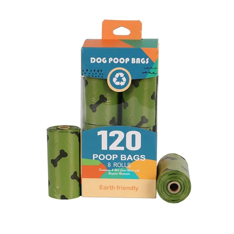 Roll of military green degradable dog poop bags with black bone print, showing bag size of 23x33cm.
