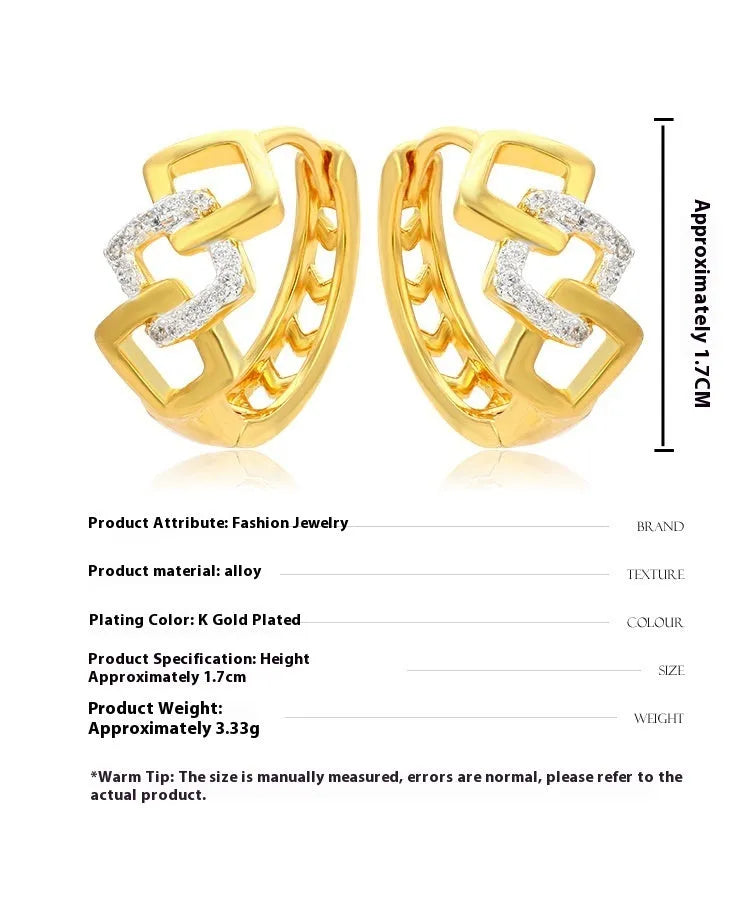 A pair of gold-coloured geometric alloy earrings with a hollow-out design.
