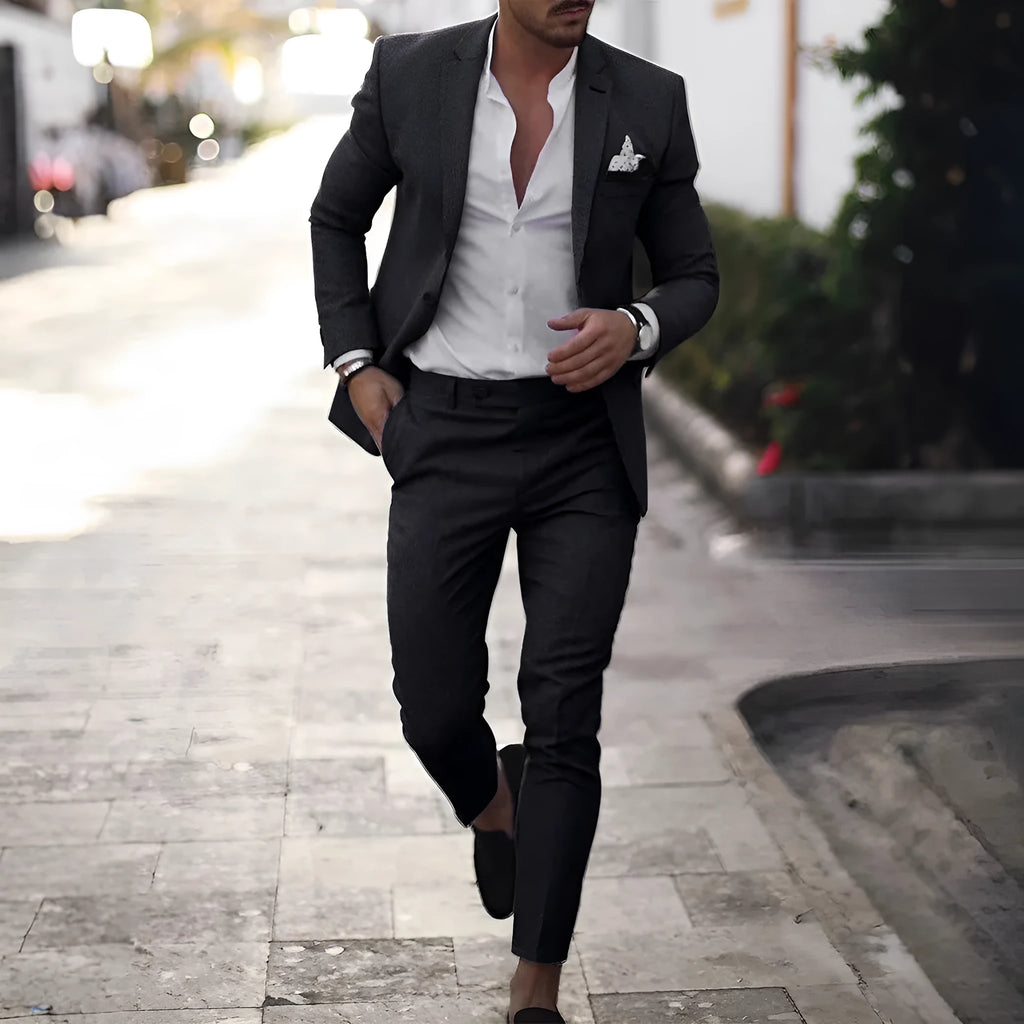 Men's leisure set with digital print two-button suit top and two-piece trousers slim fit light business casual