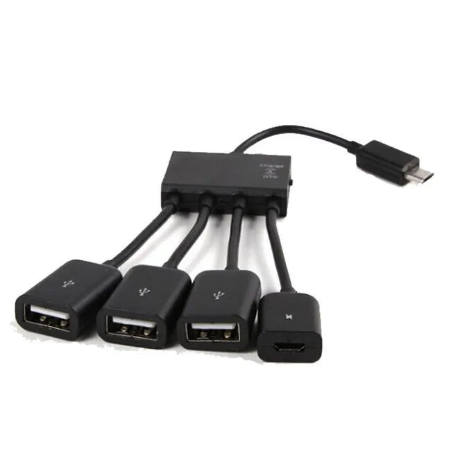 Black Micro USB OTG hub adapter with one-to-four ports and 0.25-metre cable