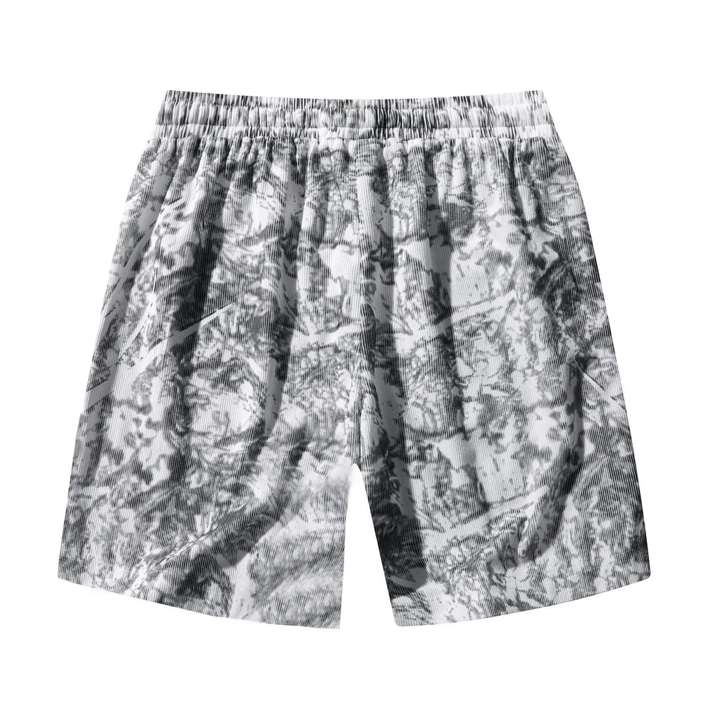 Men's camouflage pattern athletic shorts in polyester corduroy fabric showing straight cut design