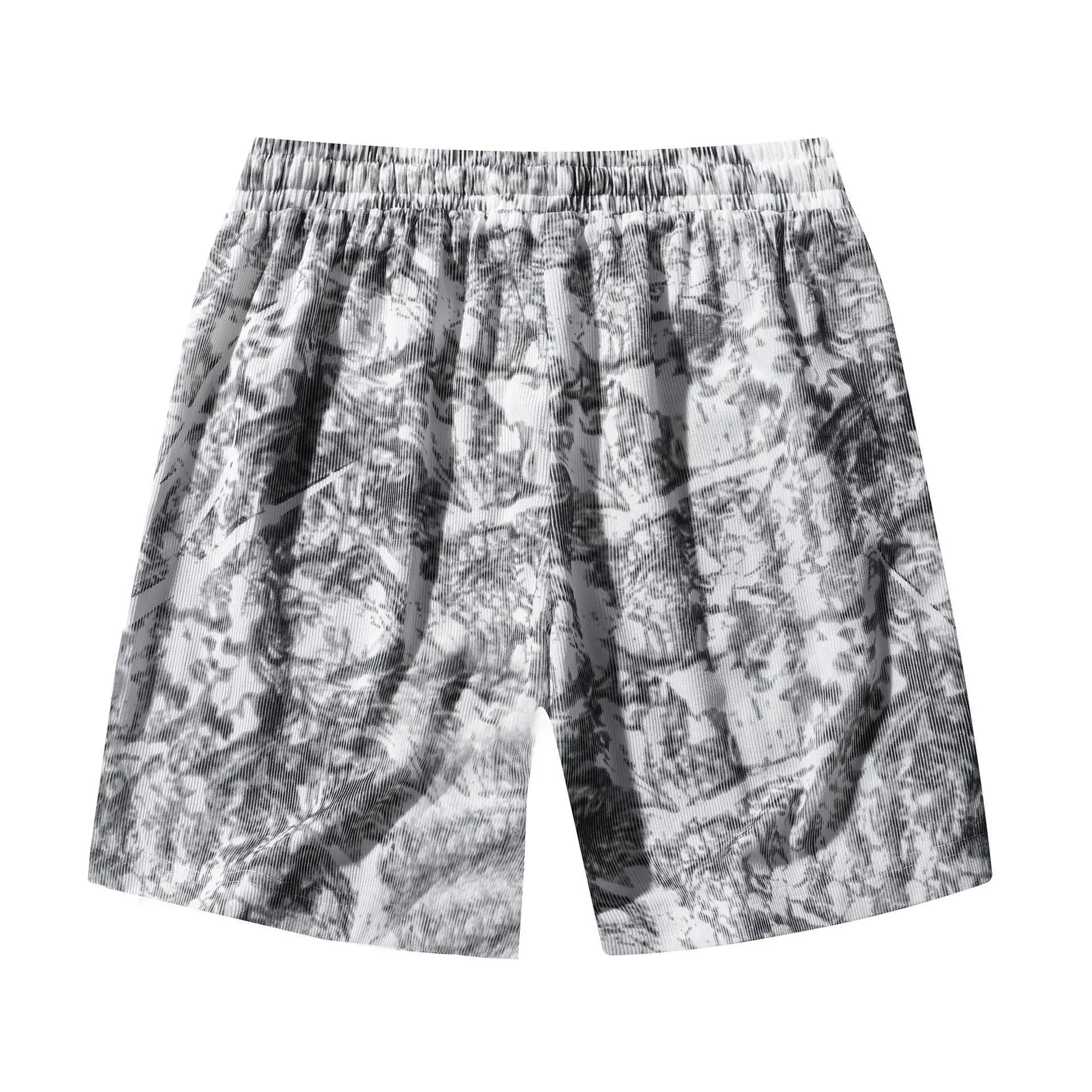 Men's camouflage pattern athletic shorts in polyester corduroy fabric showing straight cut design
