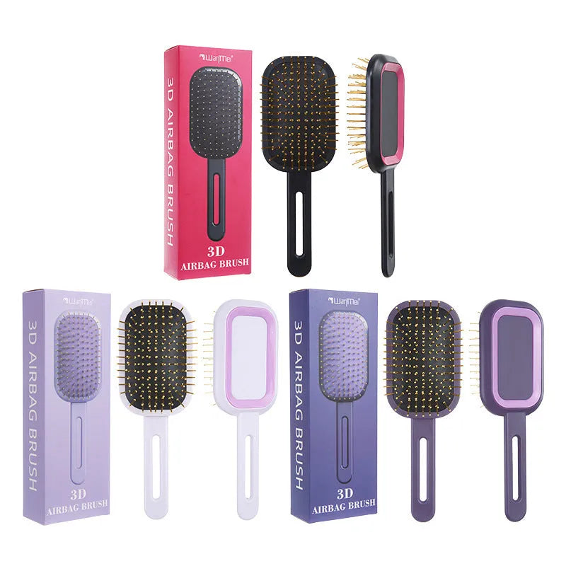 3D air cushion comb with ABS steel needles in boxed gift packaging, over 20cm length, black handle with pink ring