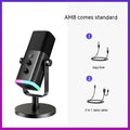 Black dynamic USB and XLR microphone with a weighted desk stand on a wooden surface.