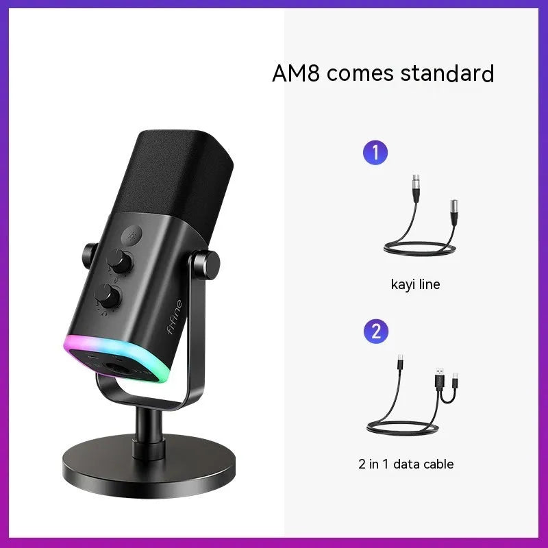 Black dynamic USB and XLR microphone with a weighted desk stand on a wooden surface.