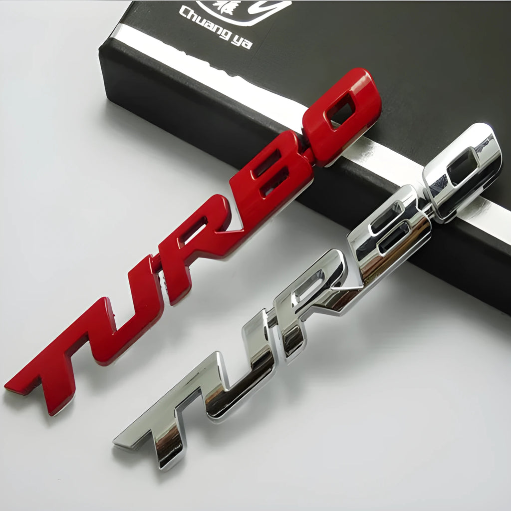 3D TURBO stereo car sticker in zinc alloy with raised letter design, available in black, red, and silver colours