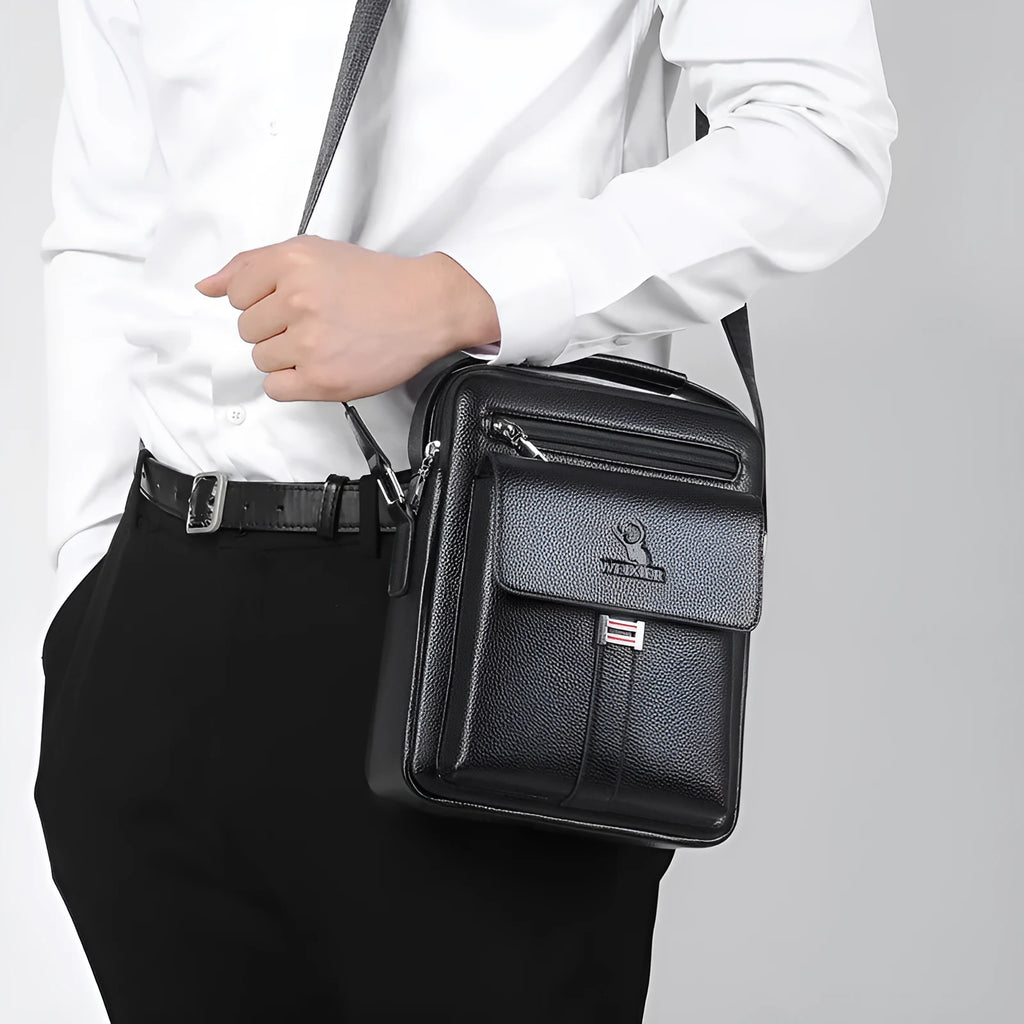 Men's PU leather crossbody bag waterproof wear-resistant available in litchi pattern black or plain dark brown