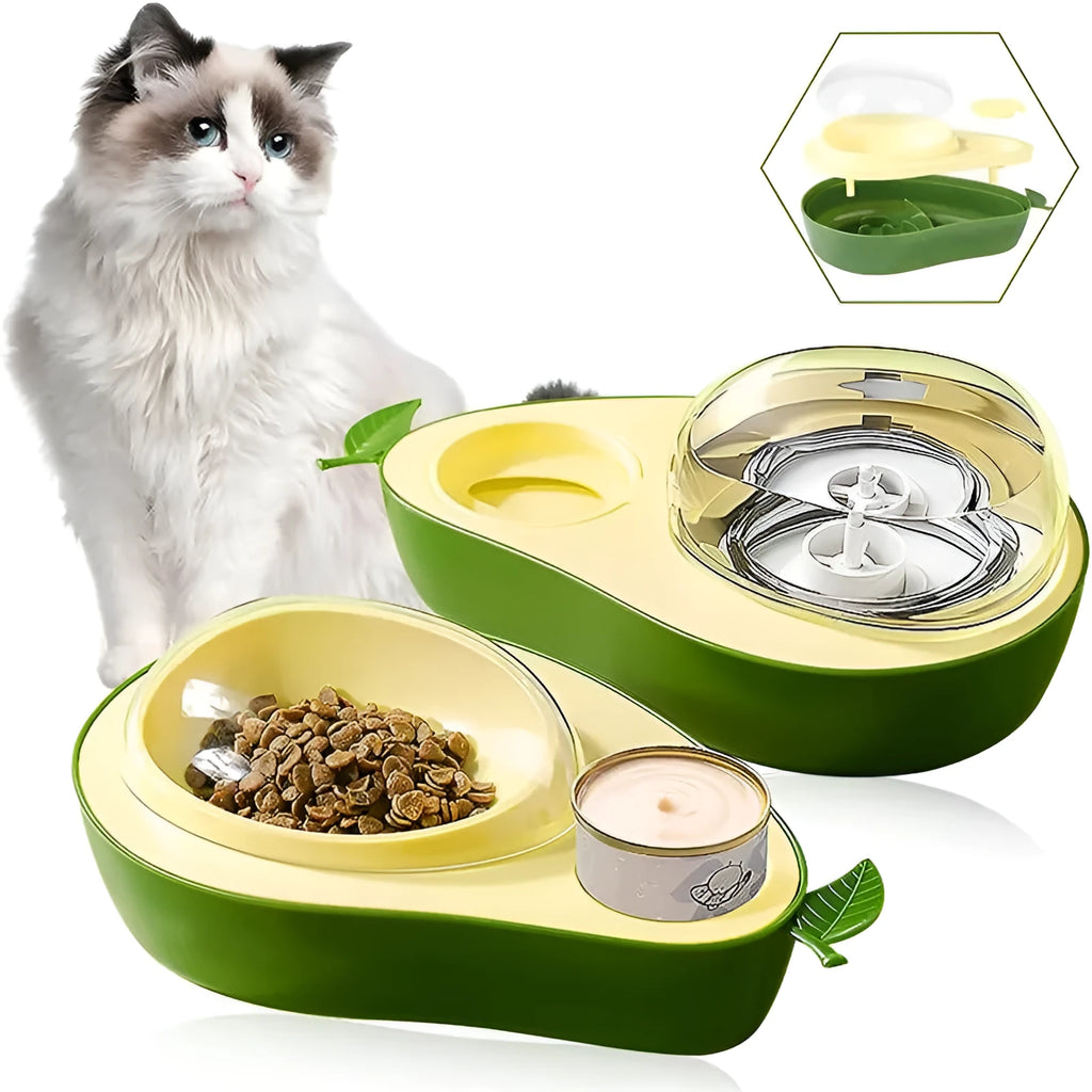 Avocado-shaped automatic cat water dispenser and slow feeder bowl with separate food sections