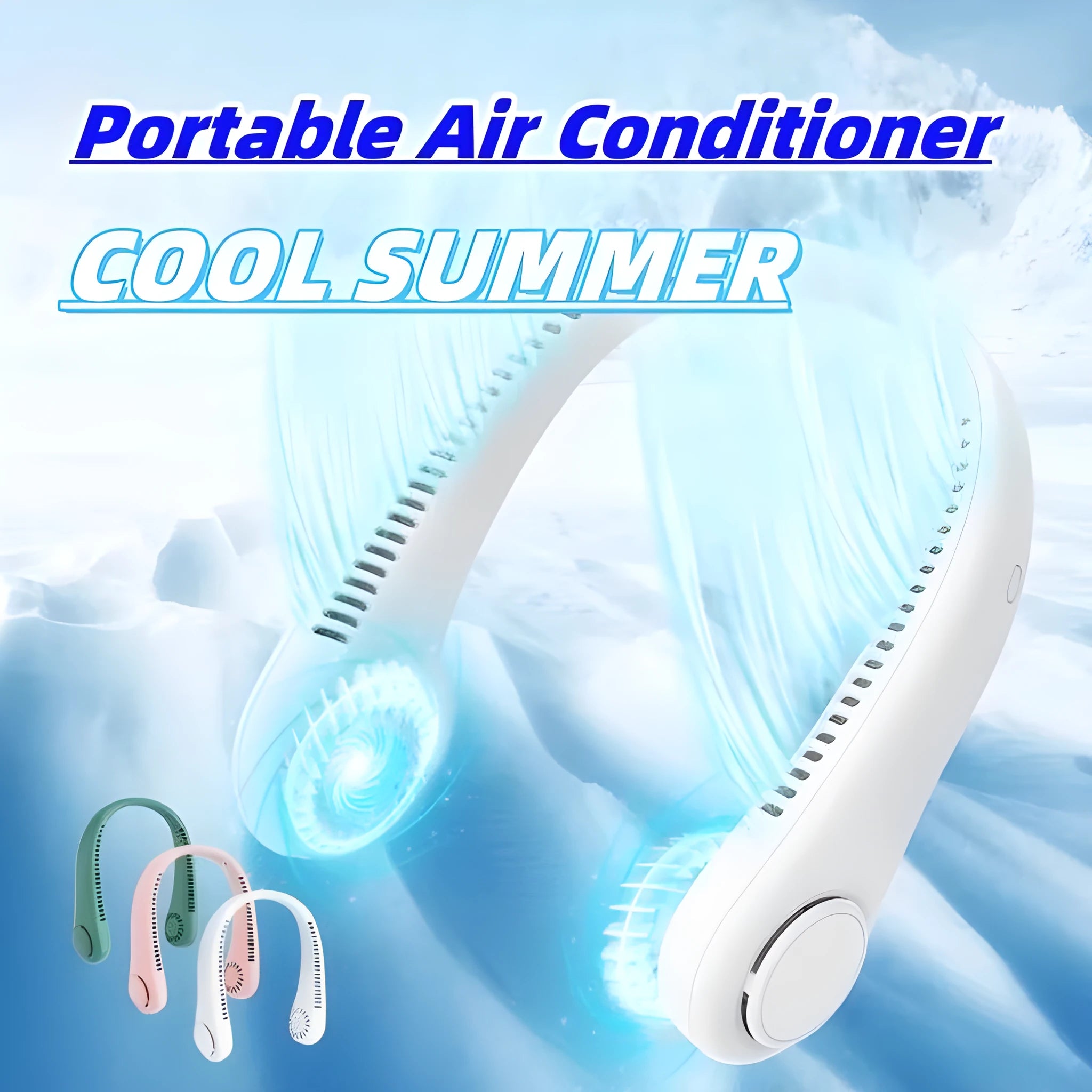 White rechargeable bladeless neck fan hanging around neck showing annular air outlet design