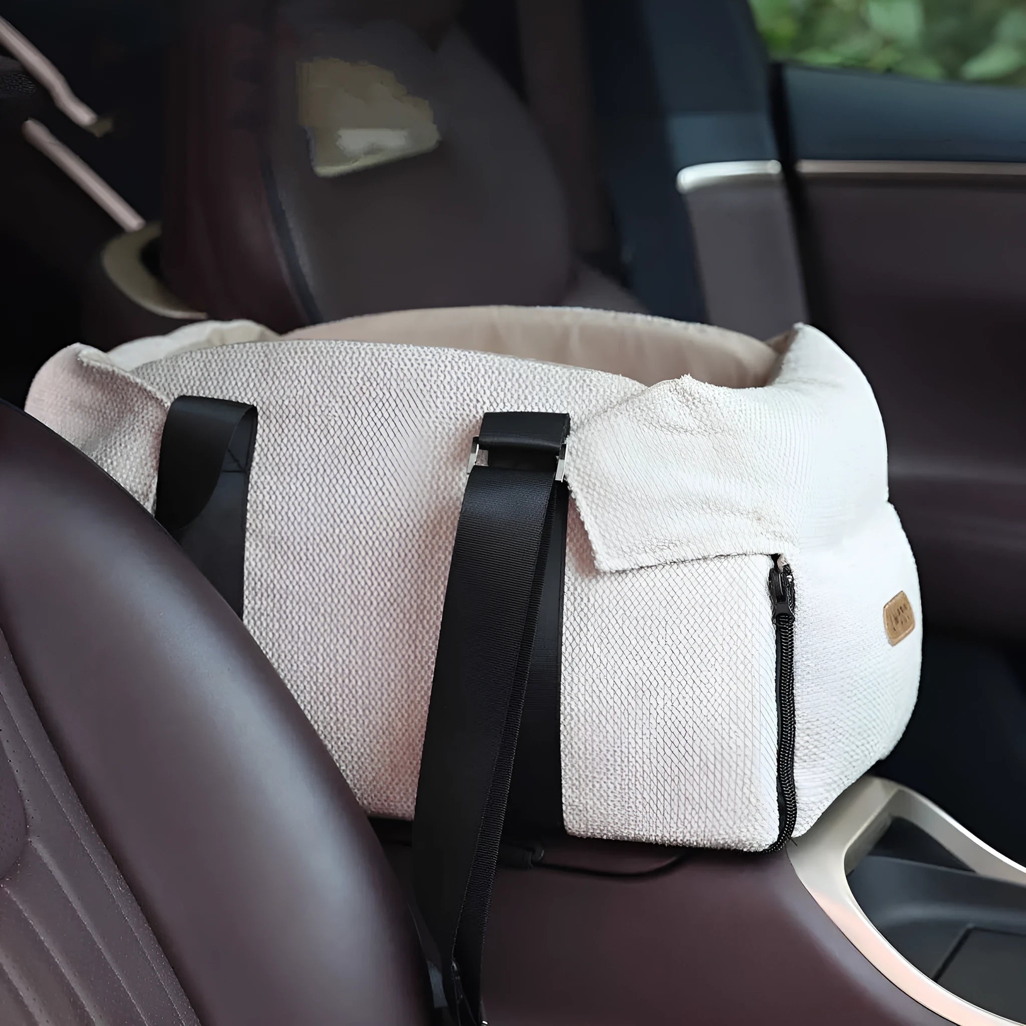 Beige white dual-use pet car nest and carrier for small pets up to 10 kg.