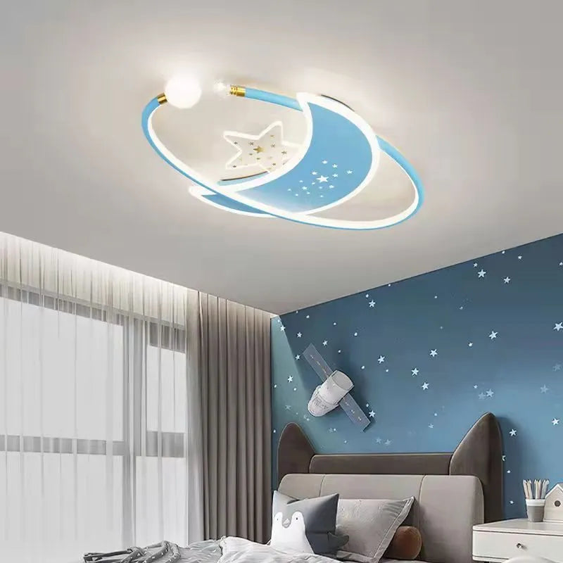 Children's room ceiling lamp with creative moon and cloud design in blue colour on a white ceiling.