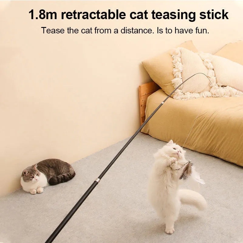 Extendable cat-teasing stick with 180cm rod, feather replacement head, bells, and fishing line on a plain background