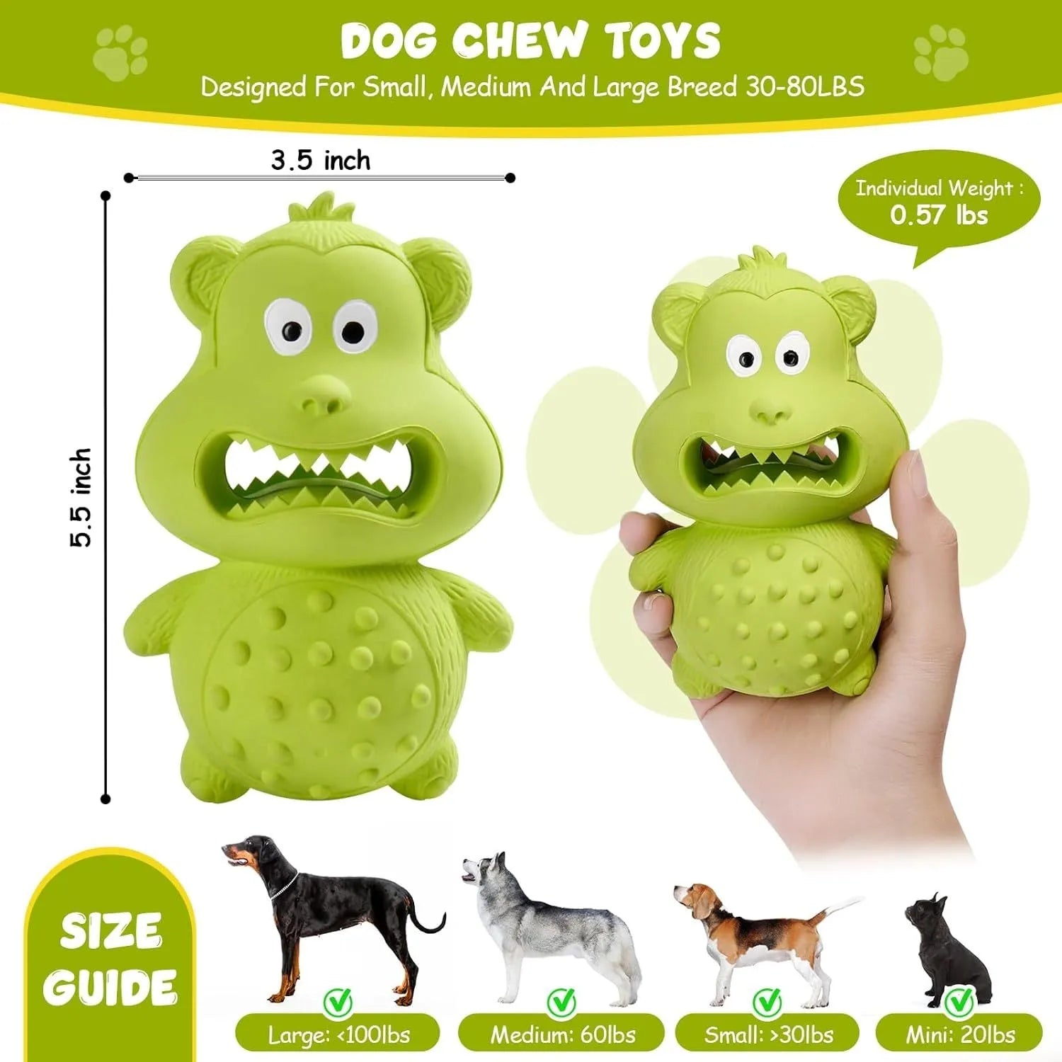 Green and yellow natural rubber squeaky dog chew toy for large dogs.