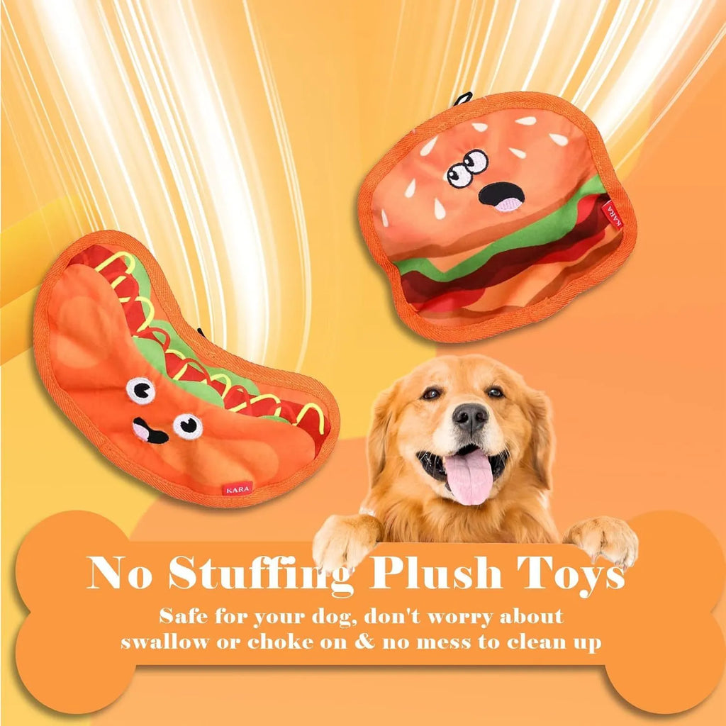 Food-shaped dog chew toys with crinkle and squeaker features including burger, fries, hot dog and pizza designs
