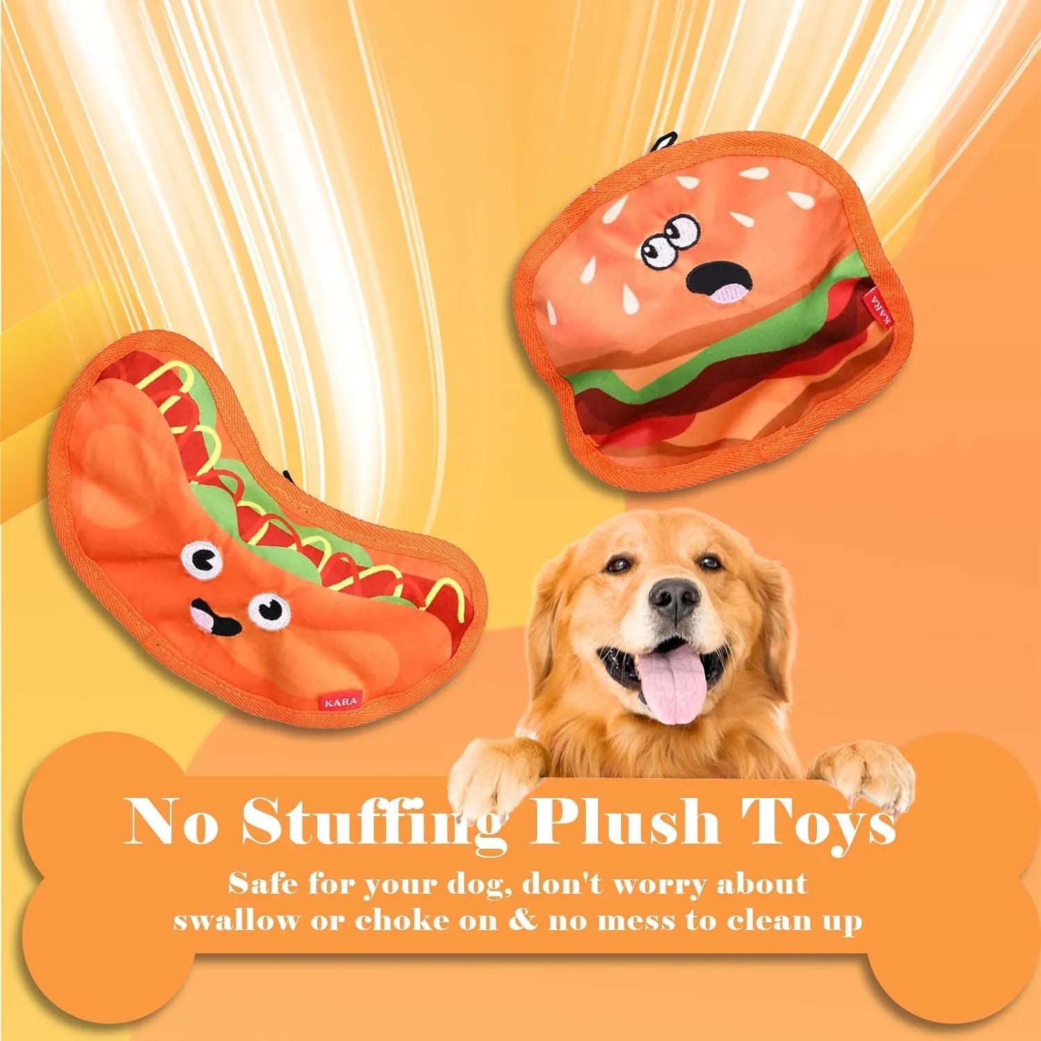 Food-shaped dog chew toys with crinkle and squeaker features including burger, fries, hot dog and pizza designs