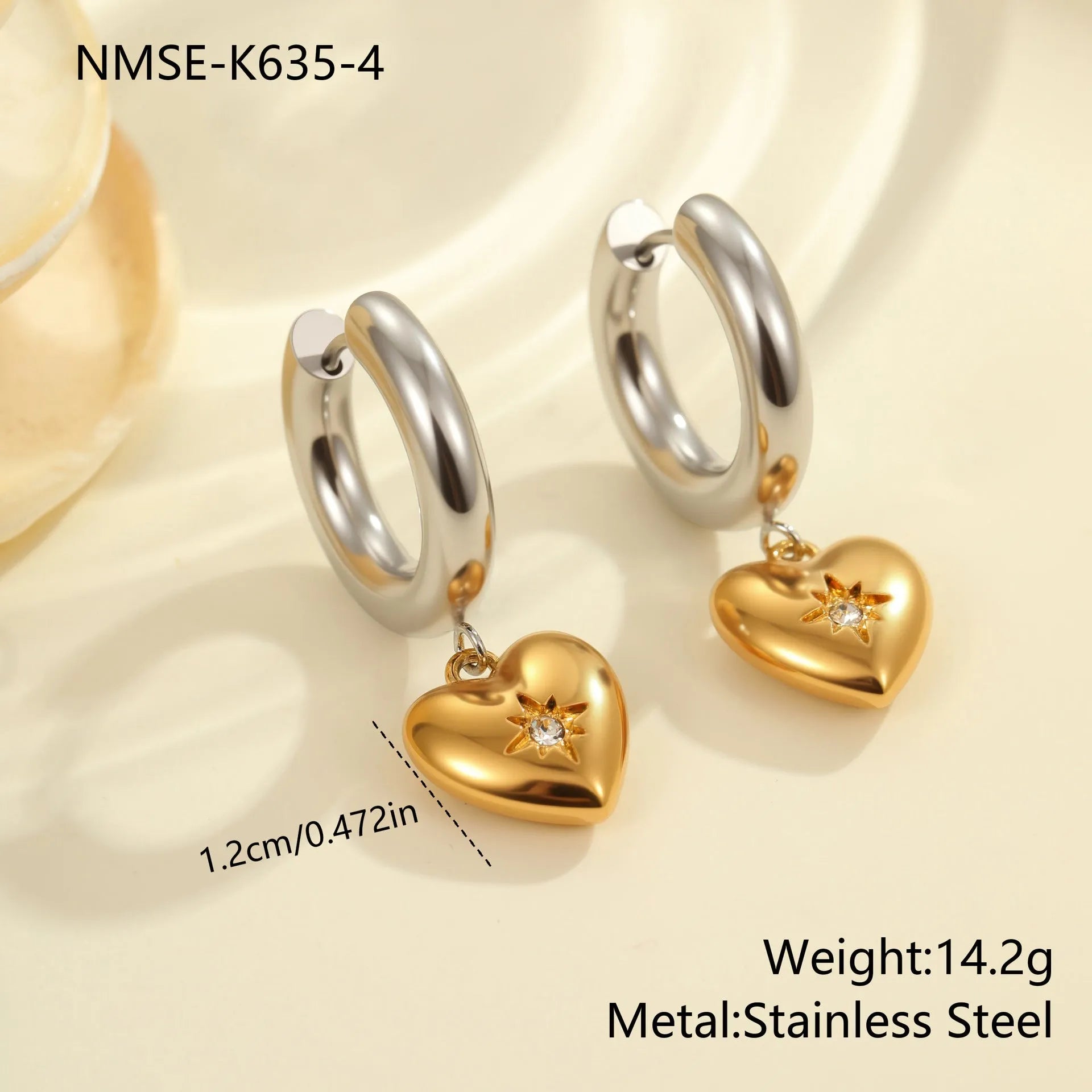 Women's stainless steel earrings with 18K gold plating in heart, star, and Christmas tree shapes.