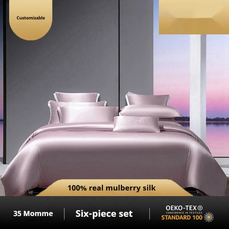 Household Fashion silk duvet cover and pillowcases in Morandi Pink colour on a bed