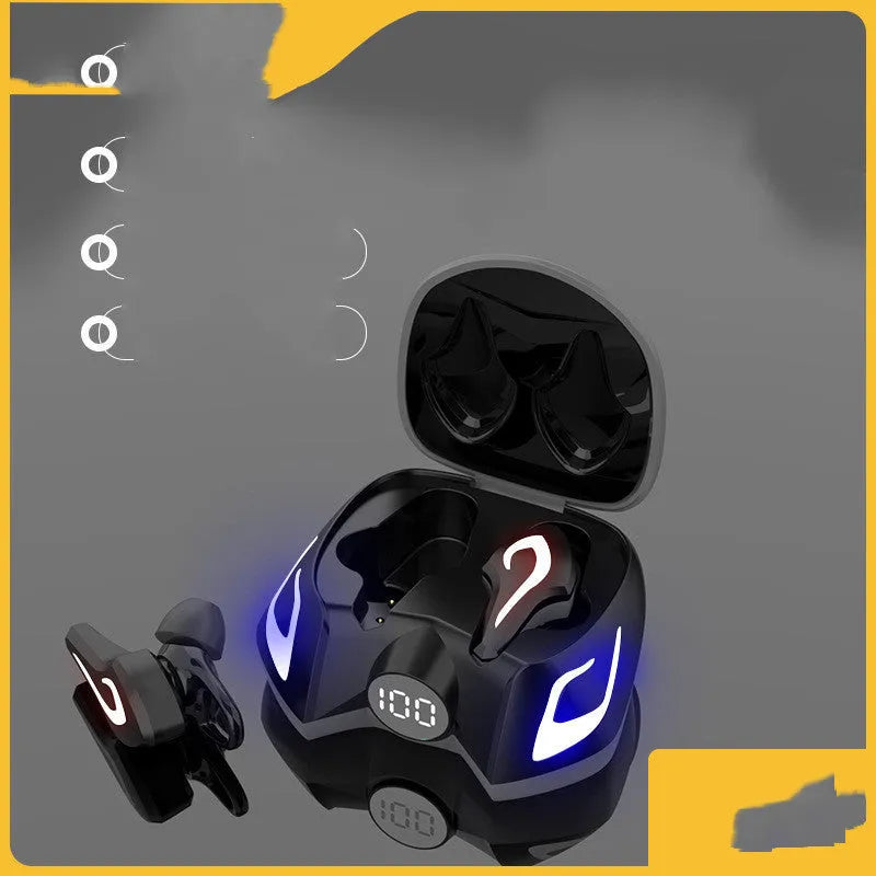 Black grey and yellow wireless gaming earplugs with Bluetooth 5.0, shown with charging case.
