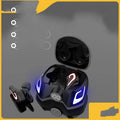 Black grey and yellow wireless gaming earplugs with Bluetooth 5.0, shown with charging case.