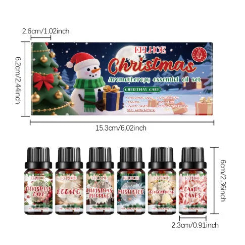 Six-bottle Christmas aromatherapy oil set with warm scent for home diffusers.