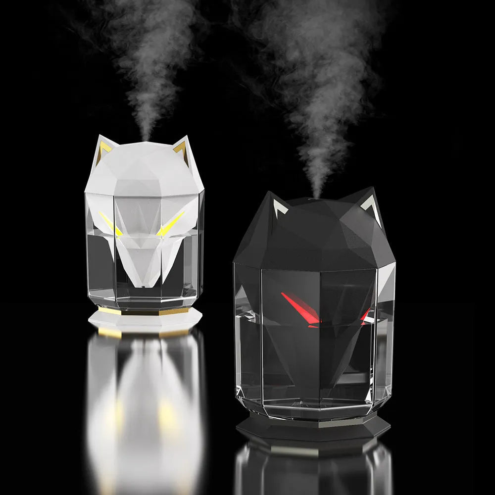 War Wolf black and white ultrasonic humidifier with colourful LED lights and USB cable