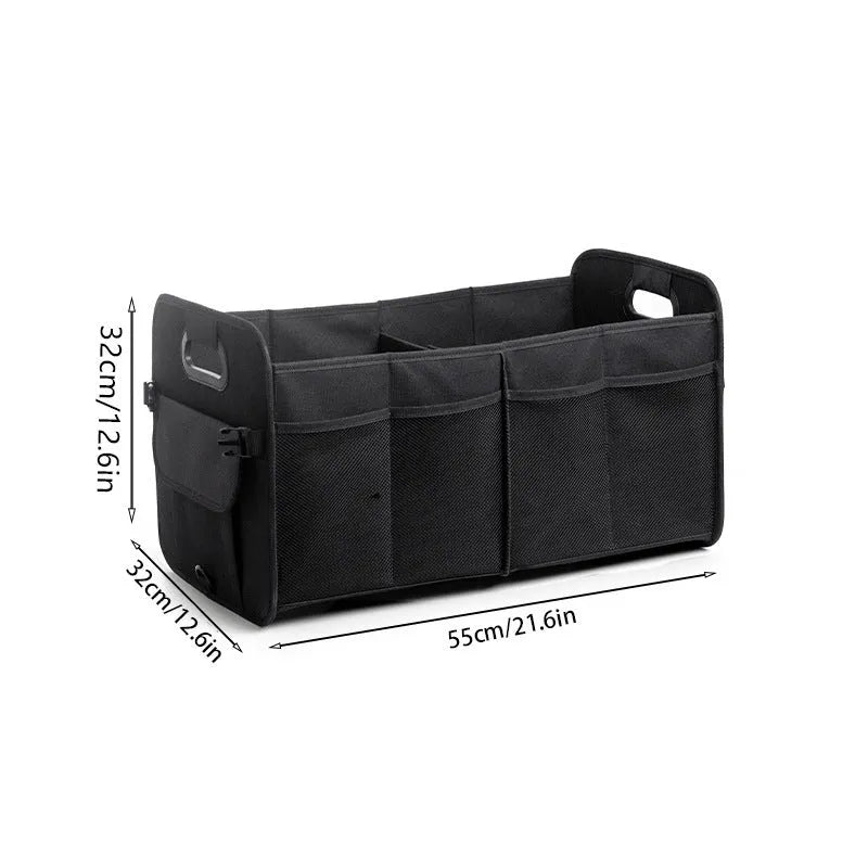 Foldable fabric car trunk storage box with multiple compartments and handle