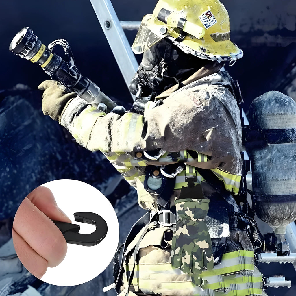 Fluorescent green fireman glove safety clamp with metal buckle and reflective lining.
