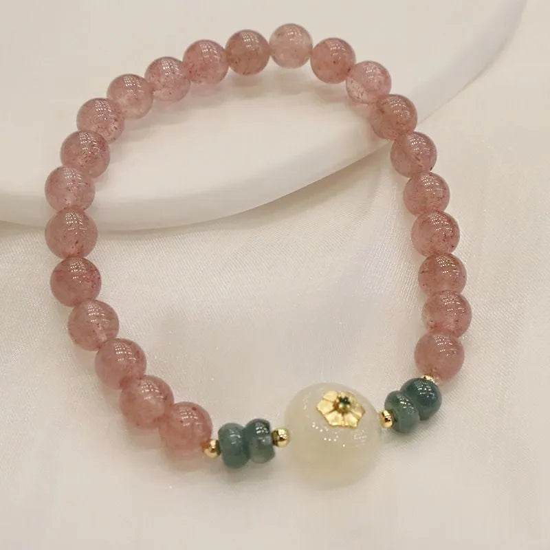Strawberry quartz blue water emerald round jade pendant bracelet with Chinese design elements