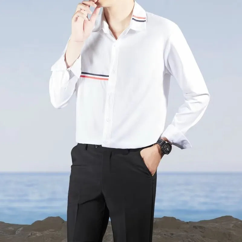 Hong Kong style loose fit cotton blend shirt in light blue, showing cardigan design on a hanger.
