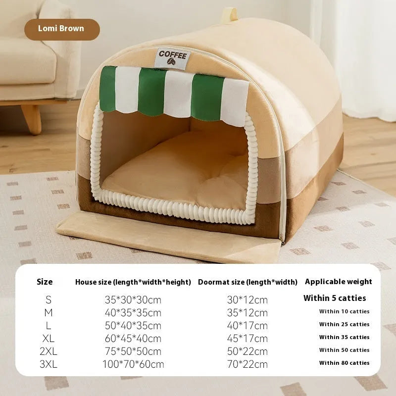 Sponge dog bed with painted autumn winter designs in rock yellow, green, and brown colour options