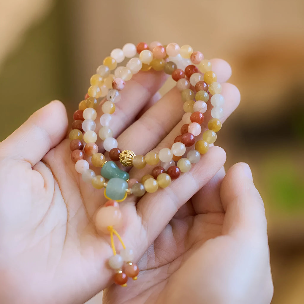 Women's three-circle pumpkin tassel bracelet in Jinsi Jade with 6mm beads for 14-16cm wrists