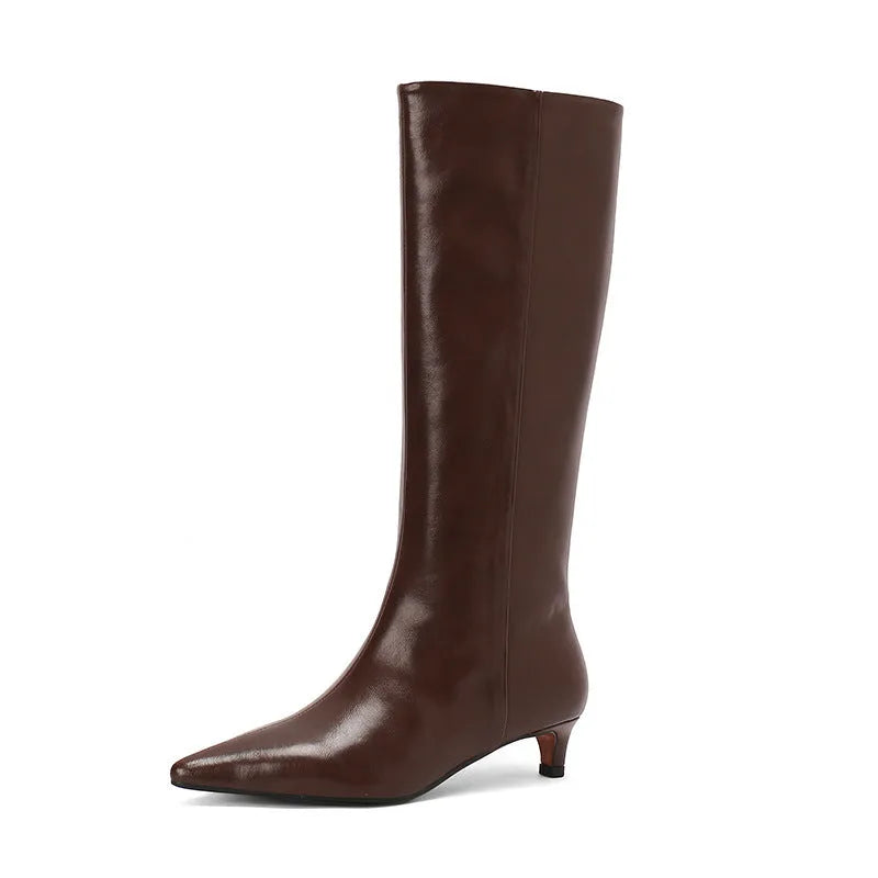 Brown elastic commuter pointed high heel boots with cowhide upper and 3-5cm mid stiletto heel
