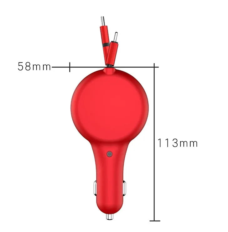 Black retractable car charger with extended cables plugged into a car lighter socket, showing three charging ports.