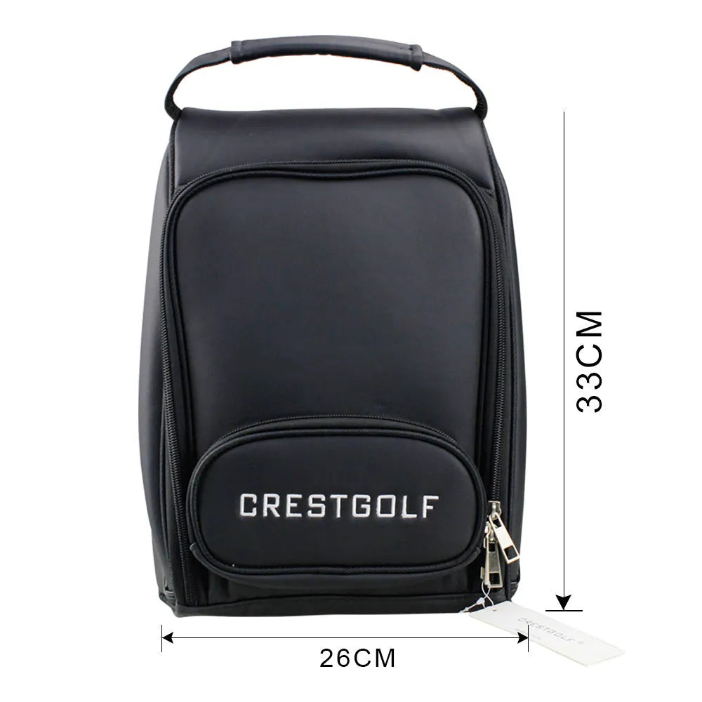 Black PU golf shoe bag with zippered closure for men's dust-proof storage and travel