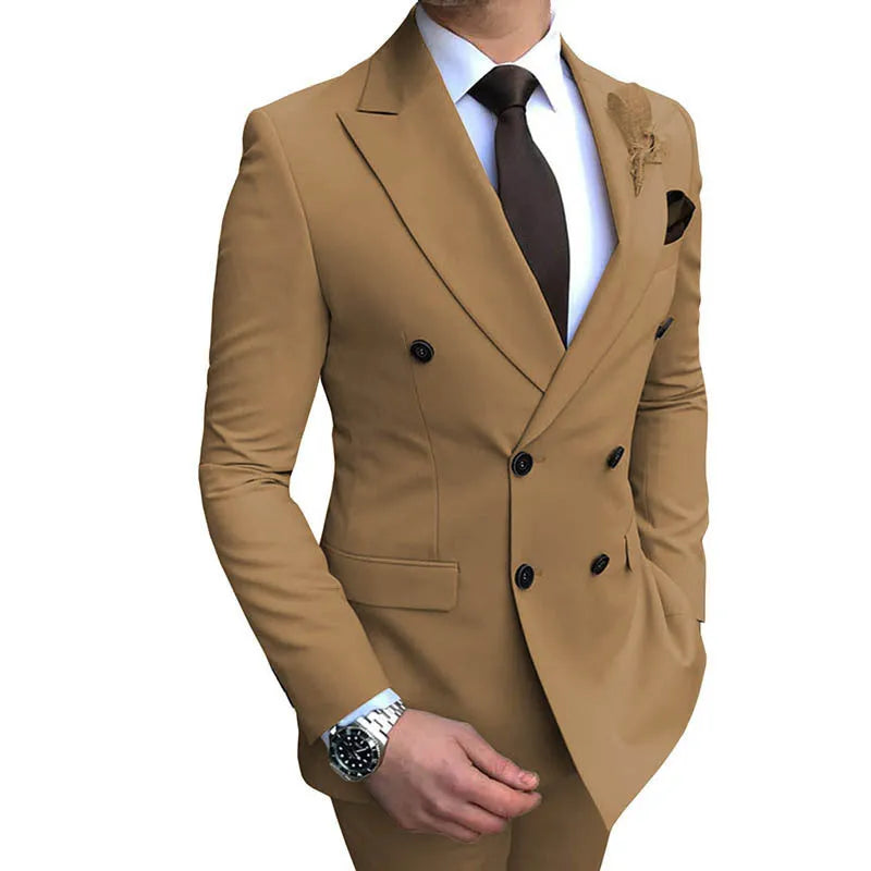 Double breasted slim-fit cotton wedding groomsman suit in black with flat lapel collar and back vent
