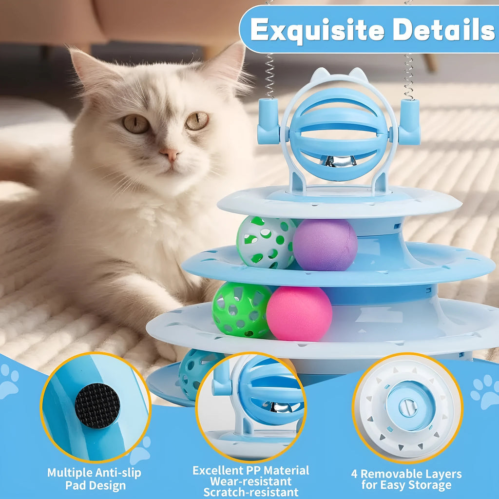 Blue four-tier interactive cat carousel toy with balls and teasing rods on a non-slip base.