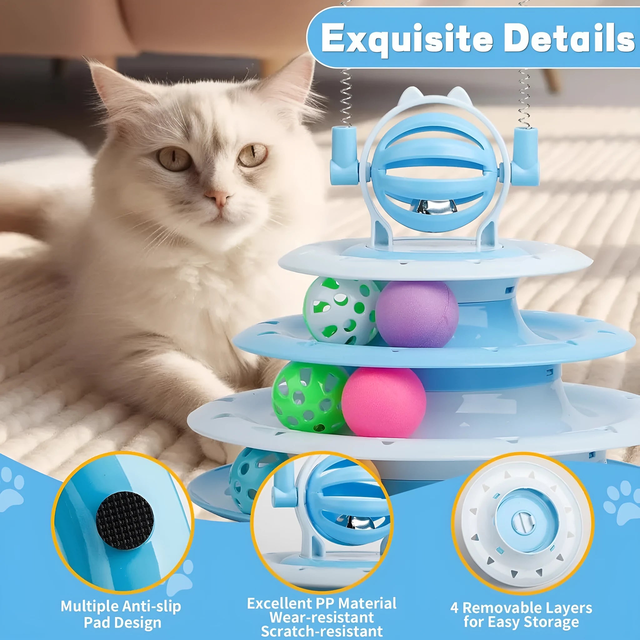 Blue four-tier interactive cat carousel toy with balls and teasing rods on a non-slip base.