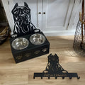 Personalised wrought iron stand dog bowl holder with stainless steel bowl, showing custom name tag.