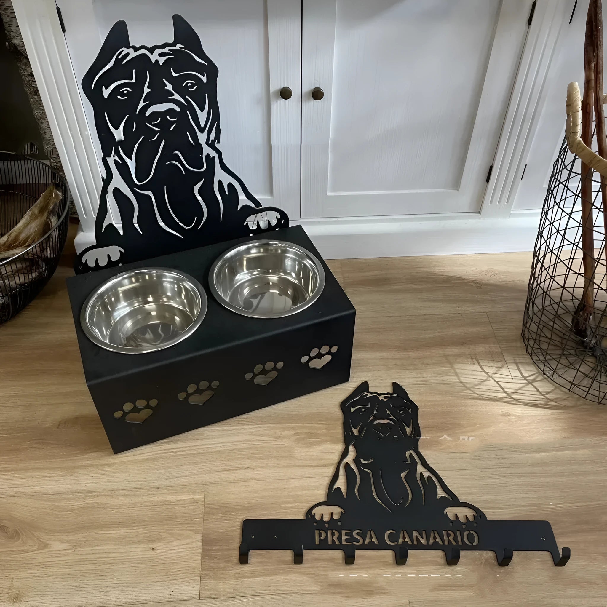 Personalised wrought iron stand dog bowl holder with stainless steel bowl, showing custom name tag.